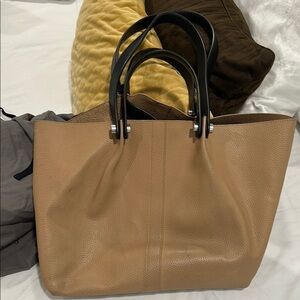 All Saints Tan Leather Tote with Black Handles